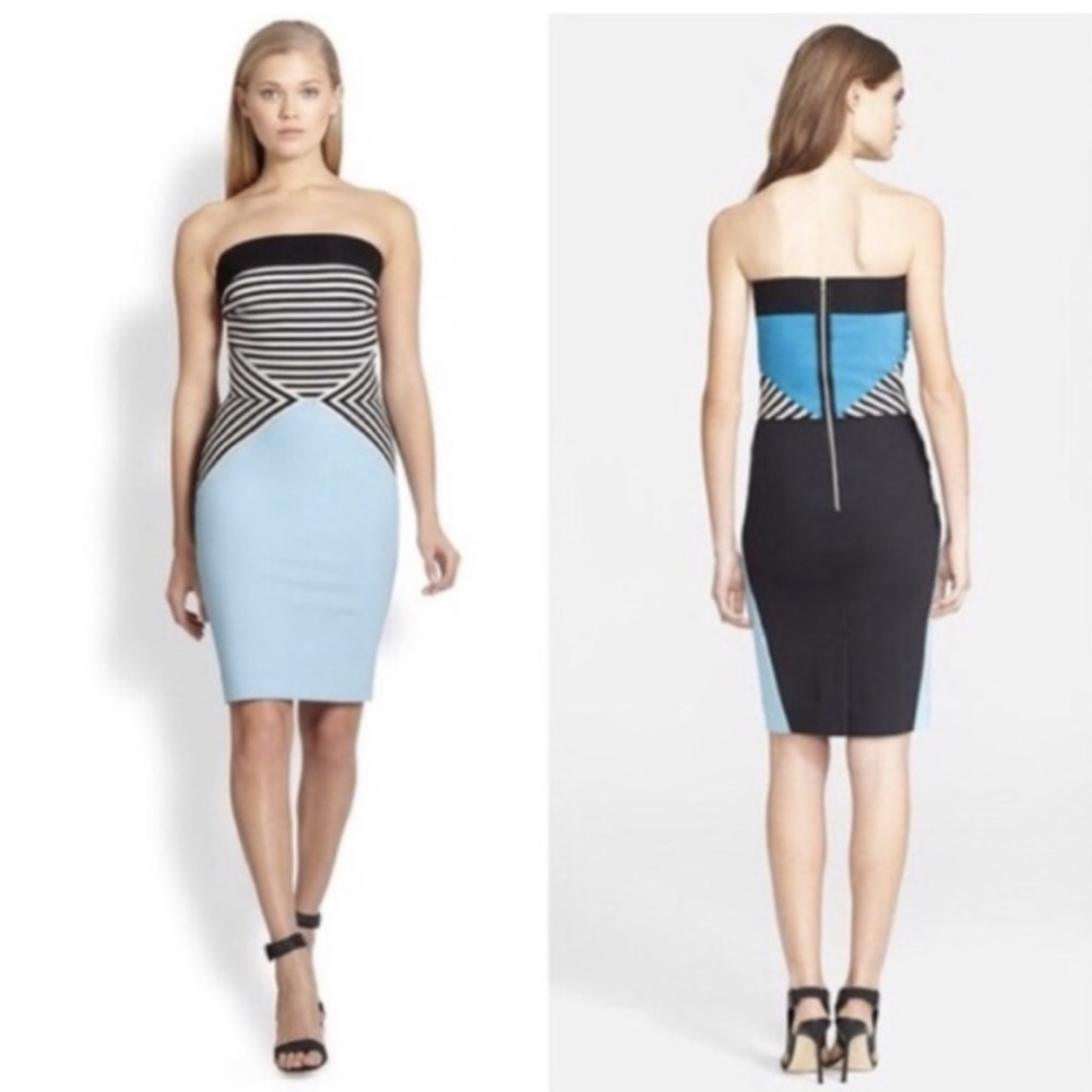 L'Agence Strapless Bodycon Colorblock Striped Blue Black White Mini Dress Size 2